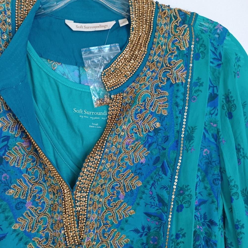 Soft Surroundings Teal Silk Blend Beaded Tunic Top Blue Paisley Boho Womens Sm - Picture 7 of 11
